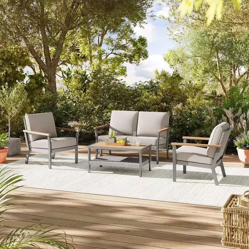 SONGMICS HOME Sencillo Collection - Loveseat, 2-Seat Sofa, Lounge Chair, Patio Seat, with Faux Wood Armrests,Gray and Beige