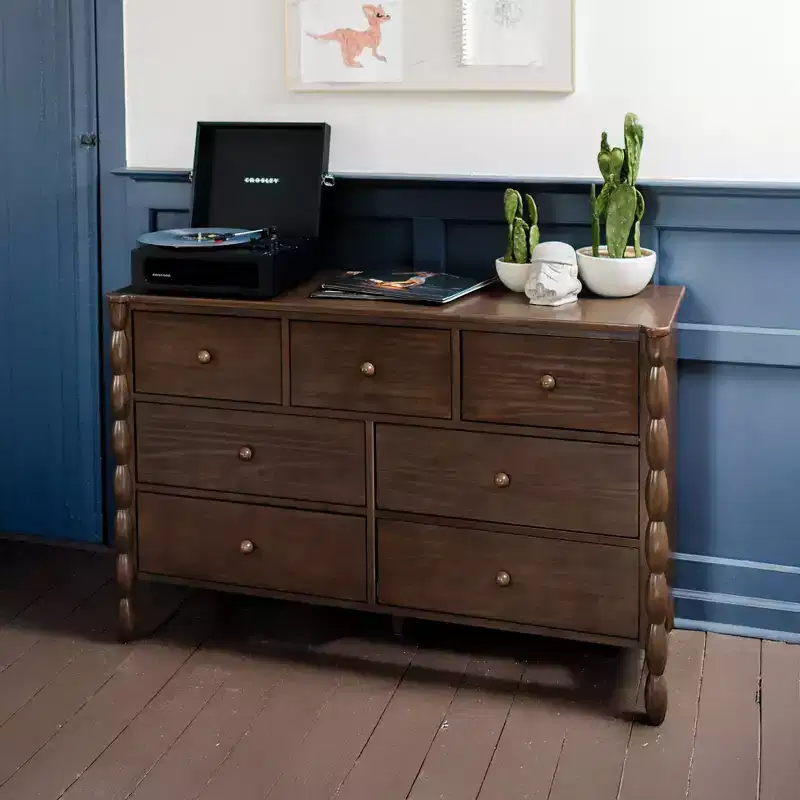 Kids' 7-Drawer Solid Pine Wood Dresser with Spindle Legs and Round Knobs – 52