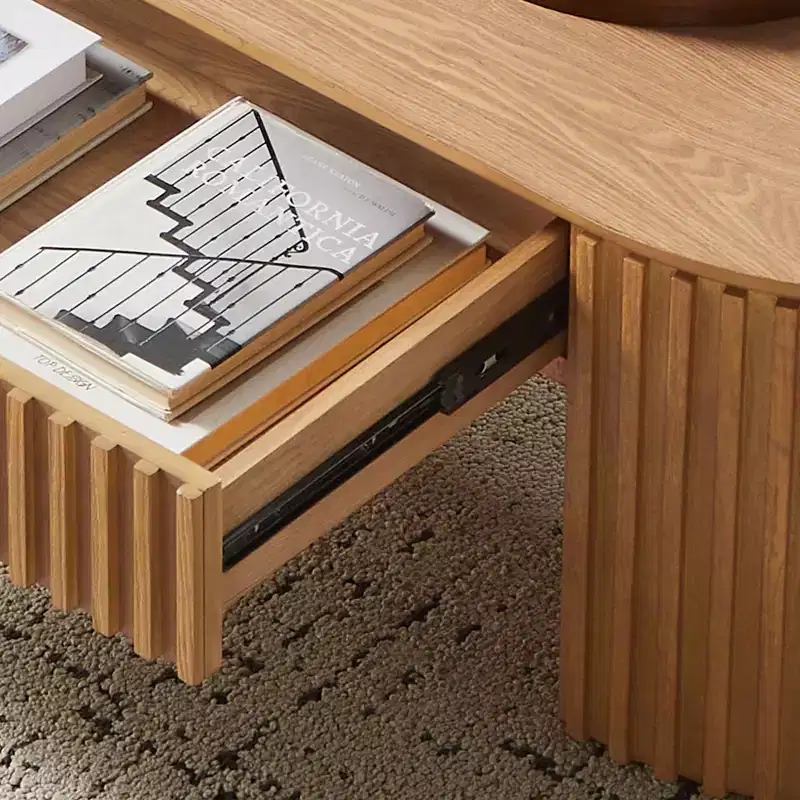 GDFStudio Manuel Modern Wooden Oval Pedestal Coffee Table with Drawer and Handcrafted Relief