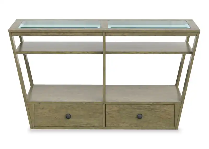 56 Traditional Glass Top Sofa Table with Storage and Shelf - Light Brown Wood
