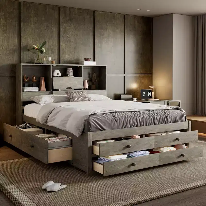 Queen Size Platform Bed with Storage Shelf and 8 Drawers, Easy Assembly