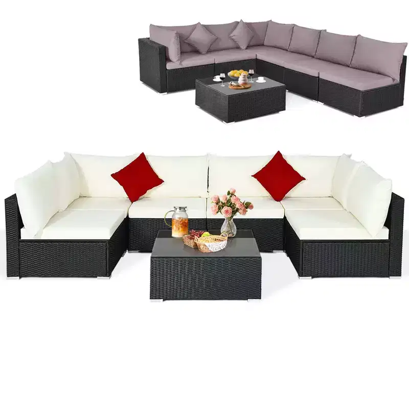 Costway 7PCS Patio Rattan Furniture Set Sectional Sofas Off White & Grey Cushion Covers