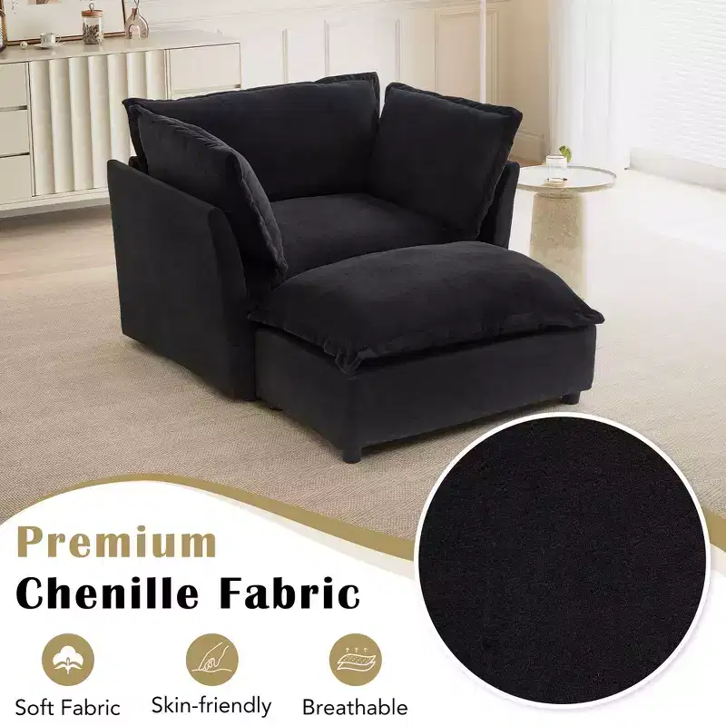 Chenille Armchair with Movable Ottoman, Wide Seat & Curved Armrests