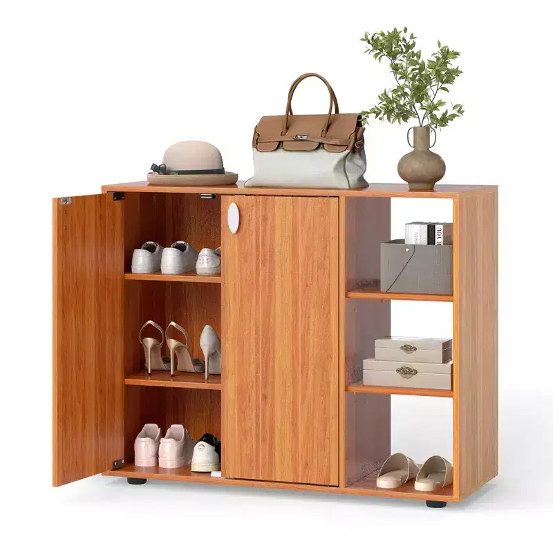 3-Tier Wooden Shoe Storage Organizer with Doors & Adjustable Open Shelves