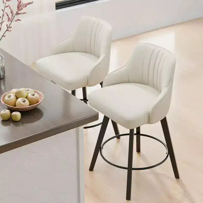 Thick Padded Cushion Wood Legs Modern Bar Stool With 360 Rotation