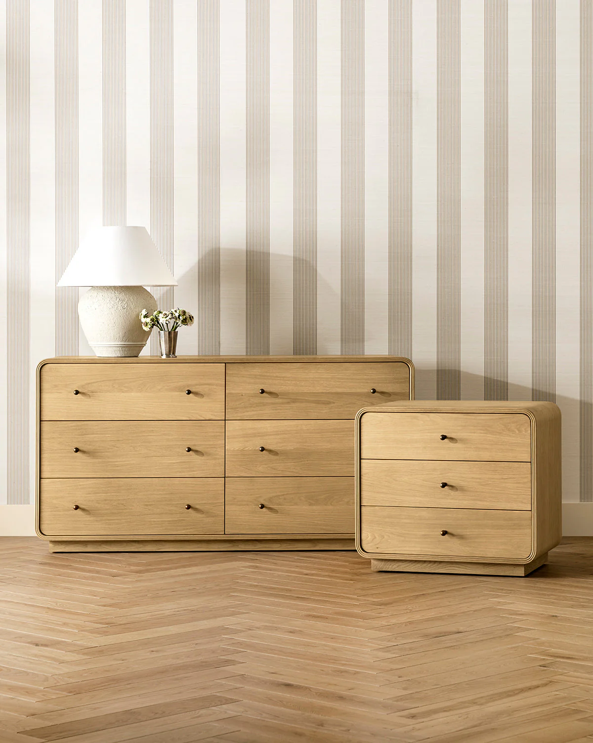 Modern Oak Nightstand with Soft-Close Drawers & Brass Hardware for Bedroom