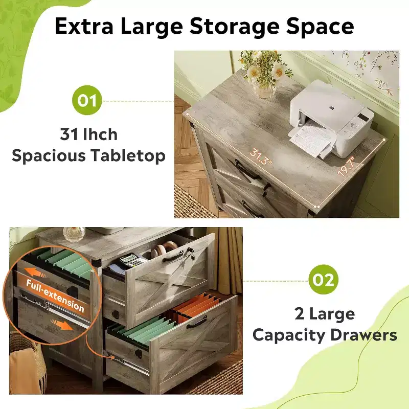 2-Drawer Lateral Filing Cabinet with Lock, Wooden Printer Stand for Home Office, Fits Letter/Legal/A4 Sizes