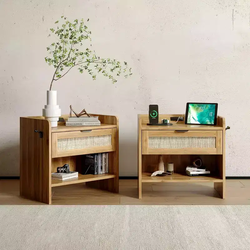 Set of 2 Rattan Nightstand with Charging Station,Boho Bedside Table with Drawer & Open Shelf for Bedroom, Living Room & Office
