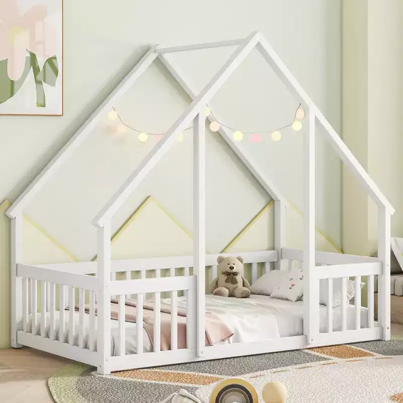 MAYEERTY Twin Wood House-shaped Floor Bed with Fence, Guardrails White