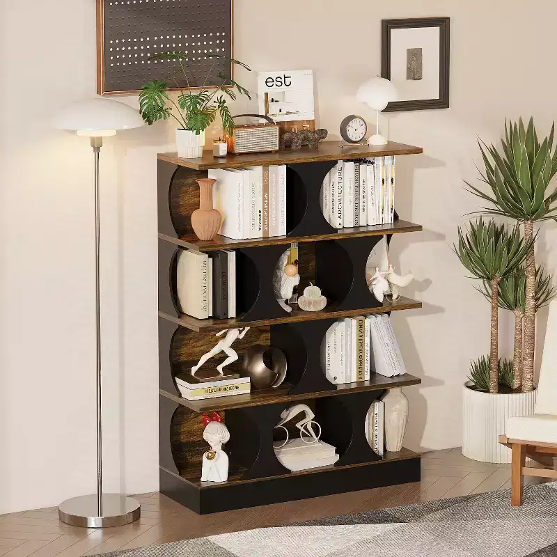 Modern Industrial - Style Bookshelf Display Shelf with Geometric Design and Multiple Tiers