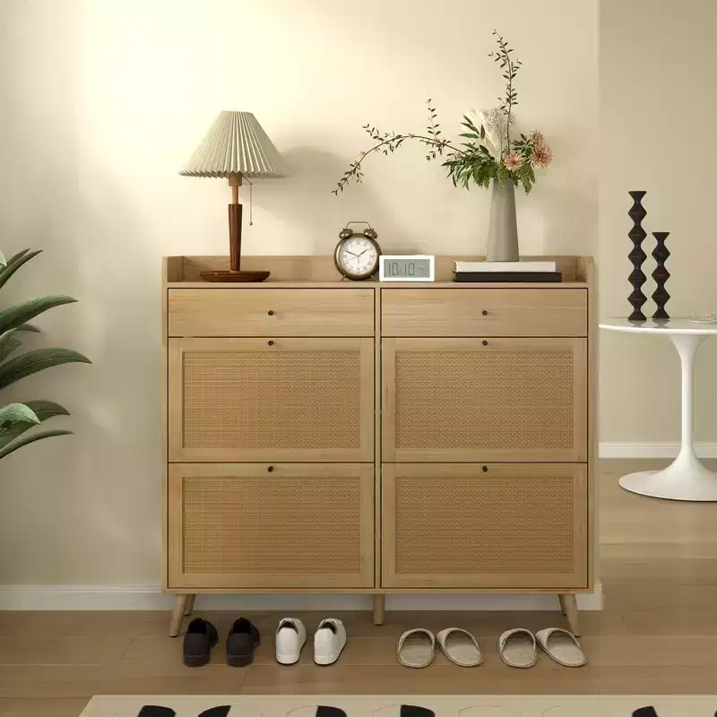 Rattan Shoe Cabinet Storage for Entryway with 4 Flip Drawers and 2 Drawer, Farmhouse Narrow for Entrance Entry Way