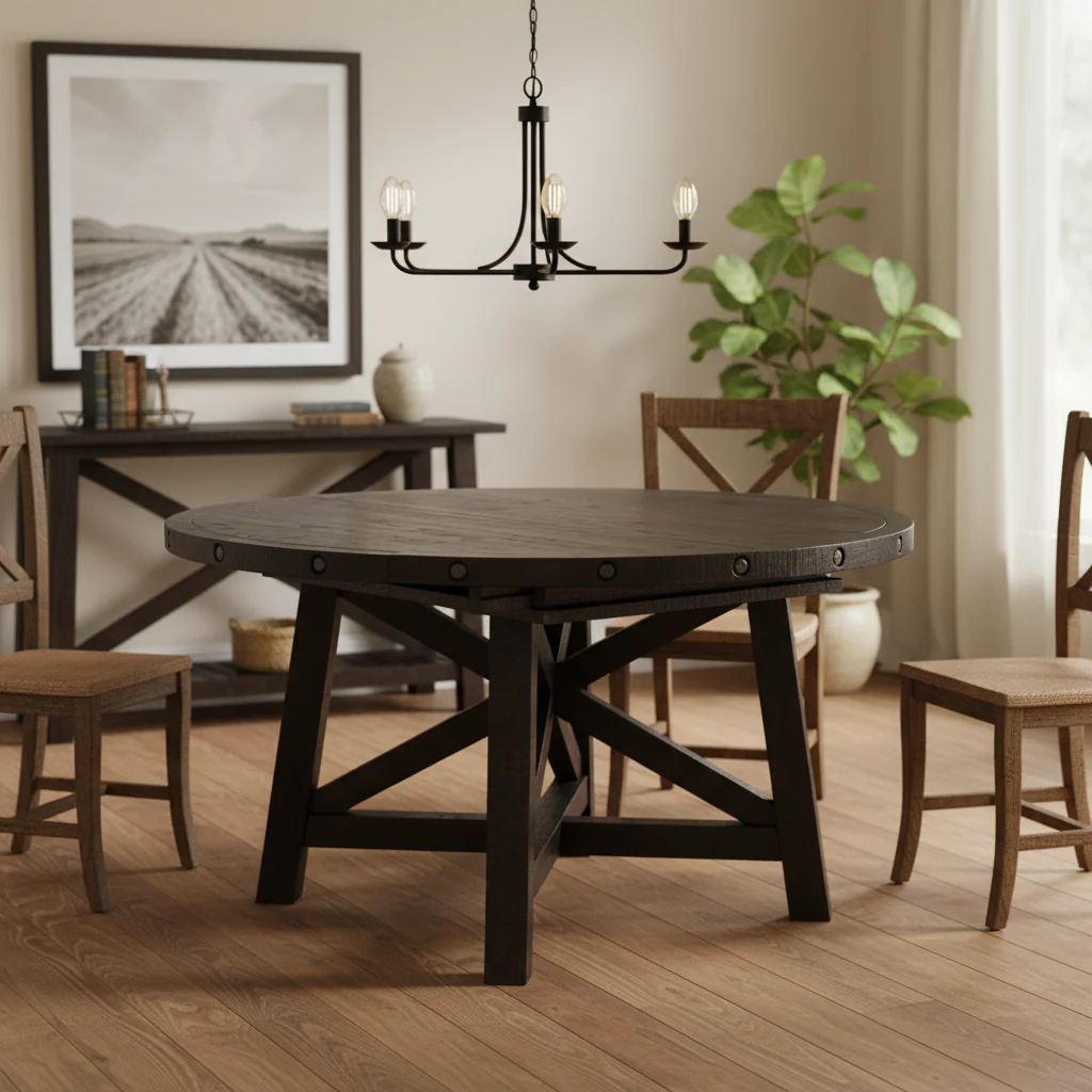 54 - 72 Inch Round Extendable Dining Table, Acacia Wood, Dark Brown