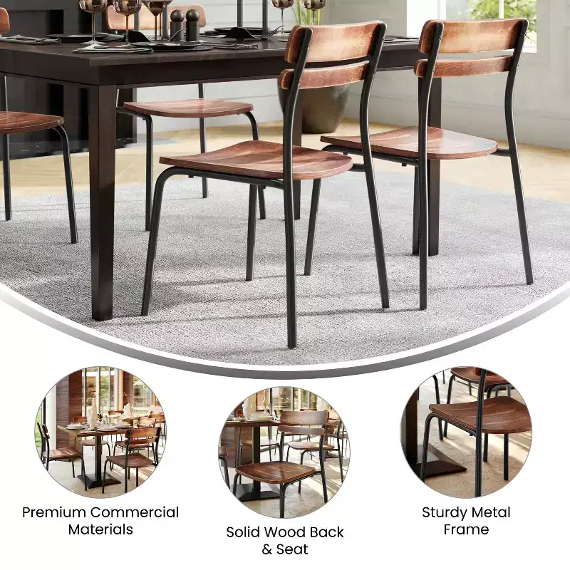 Emma and Oliver Set of 2 Dining Chairs with Metal Frames and Solid Wood Seats and Backs with Antique Finishes