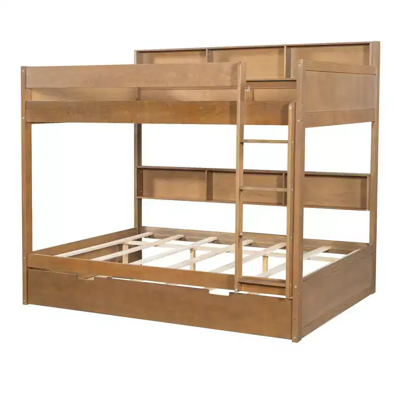 Luxystar Modern Full over Full Bunk Bed with Shelves and Trundle