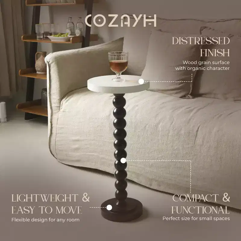 Small Pedestal Round End Table, Living Room Furniture, Black and White