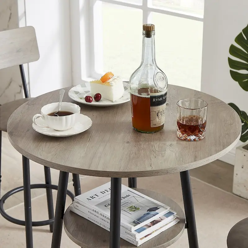 Grondin Industrial Style 3-Piece Round Bistro Pub Table Set with 2 PU Leather Bar Stools and Shelf, Counter Height Bar Table Set