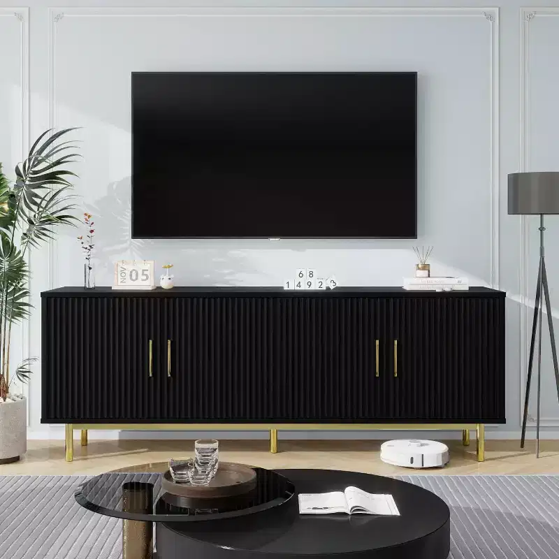 70 Grooved TV Stand Cabinet, Modern TV Stand Entertainment Center with Grooved Doors and Adjustable Shelves, White/Black