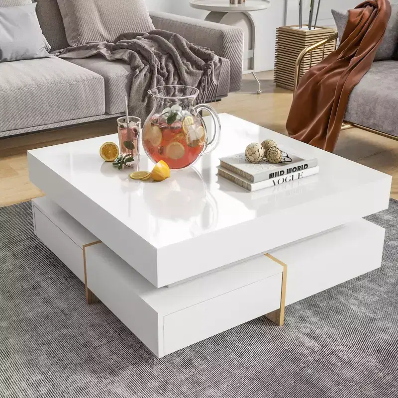 High Gloss Coffee Table with 4 Drawers, Square Storage Center Table for Living Room, White