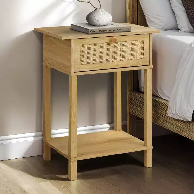 GDFStudio Riku Farmhouse Wood Rattan Nightstand with 1 Drawer and 1 Lower Shelf