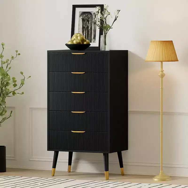 DobleePy 5 Drawer Dresser for Bedroom, Modern Wood Storage Dresser Chest Cabinet Organizer Unit, Small Fluted Nightstands for Bedroom, Black(2 PCS)