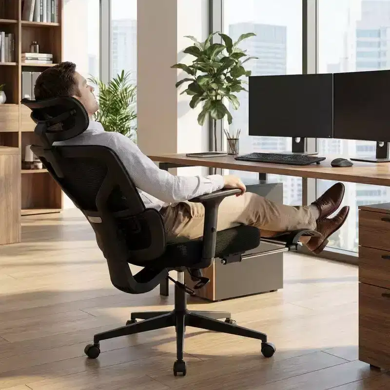 Ergonomic Office Chair with Adjustable Footrest Lumbar Support, High-Back Home Office Desk Chair, Mesh Gaming Chair with 3D Armrests, Headrest