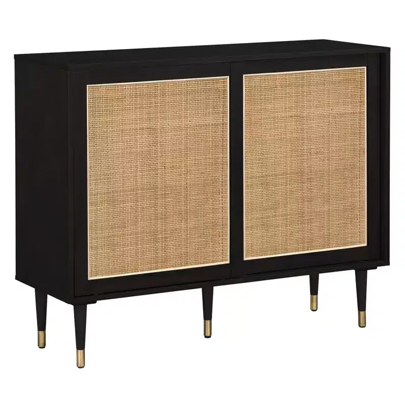 angelo:HOME Allen Mid-Century Modern Buffet Black/Natural: Rattan Sliding Doors, Tapered Legs