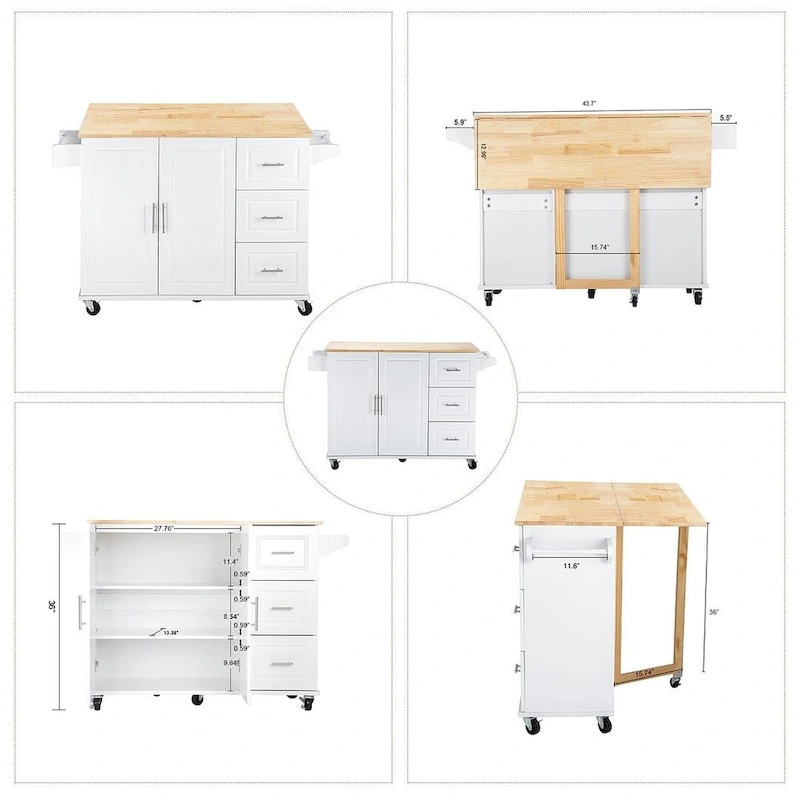 Kitchen Island Cart with Extensible Rubber Wood Top and Locking Wheels