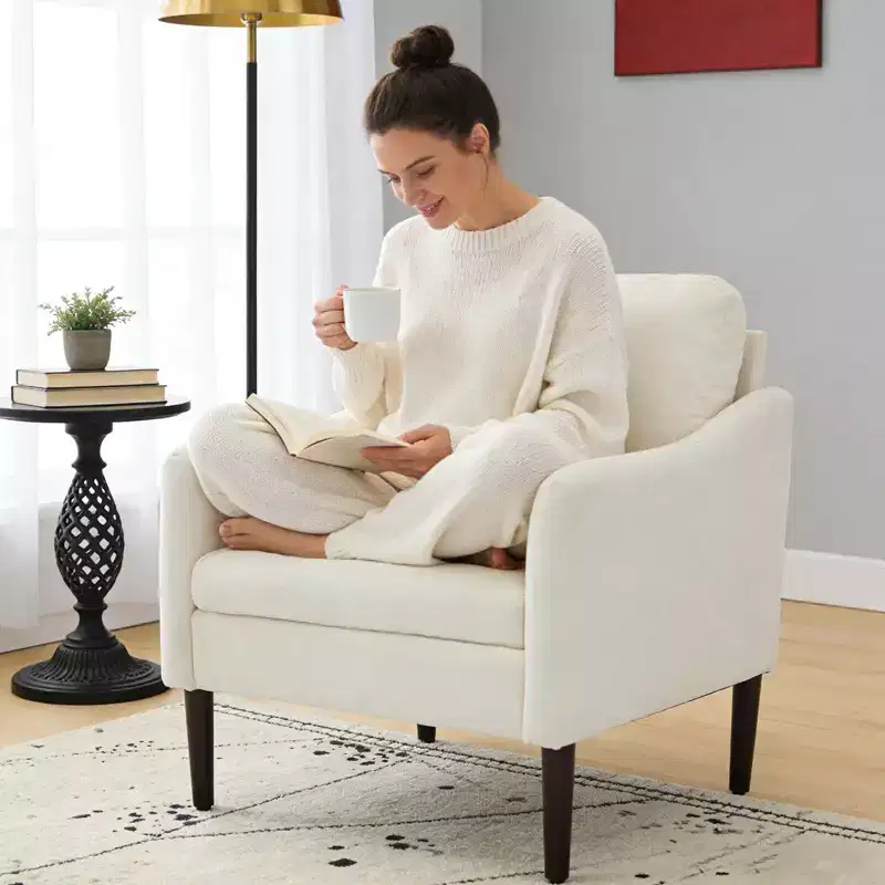 Mid-Century Modern Chenille Accent Chair with Curved Arms, Cushioned Single Sofa Chair for Living Room, Bedroom or Office
