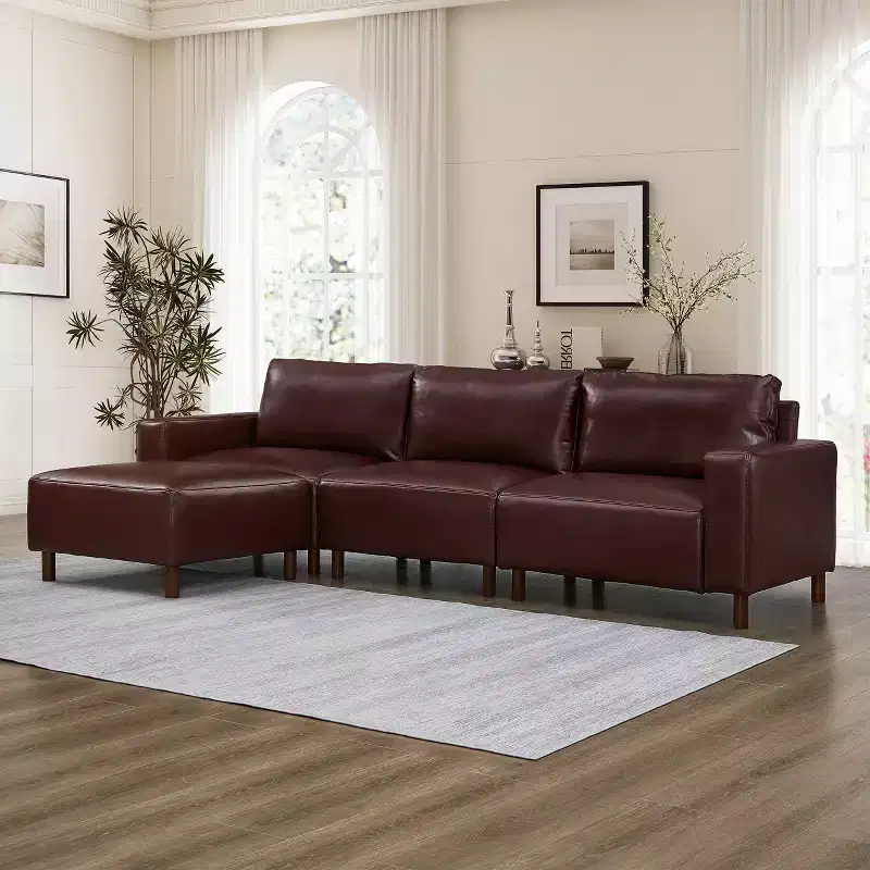 GDFStudio Arvin 112 Modern 3-Seat Faux Leather Upholstered Sectional Sofa with Ottoman