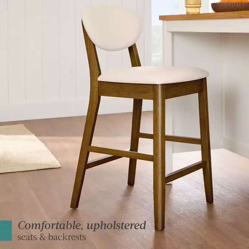 2-Piece Mid-Century Modern Wood and Upholstered Counter Height Bar Stool Set