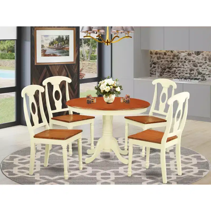 HomeStock 5-Piece Round Buttermilk and Cherry Finish Solid Wood Top Dining table with 4 Chairs
