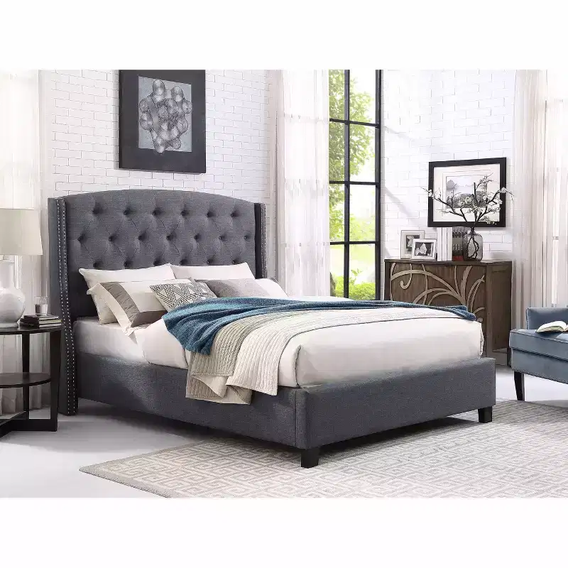 Fabric Button Tufted Wingback Upholstered Bed with Nail Head Trim, Gray