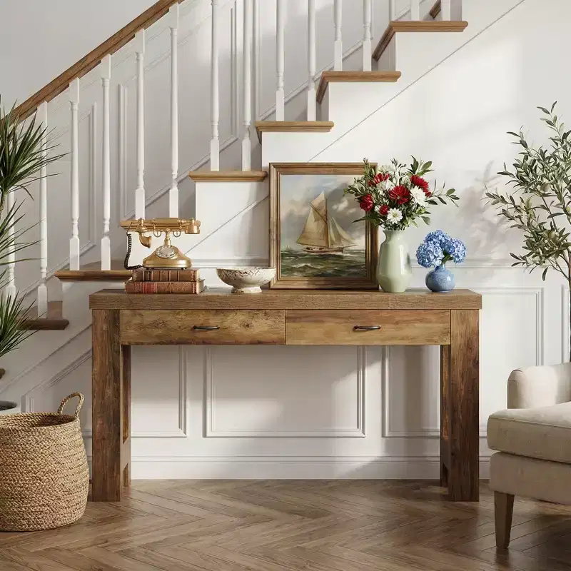 MAYEERTY 63-Inch Farmhouse Console Table, Entryway Table with H-Shaped Legs and 2 Drawers