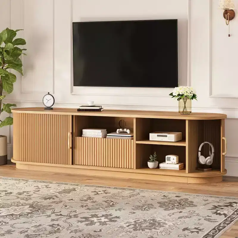 Vintage Rustic TV Stand with Sliding Wood Slatted Doors, 75 Farmhouse Media Console with Drawer (Natural Wood Grain)
