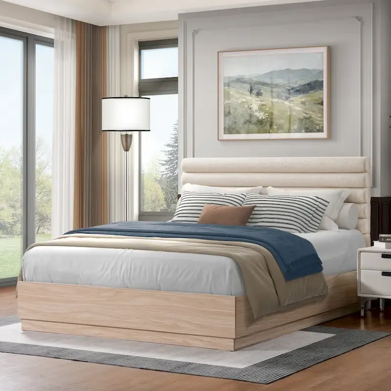 Taupe Boucle Queen Platform Bed with Headboard