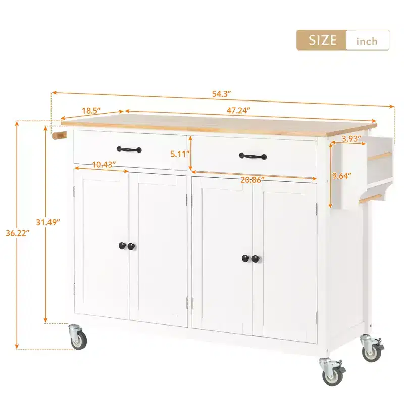 JVNOXK-Kitchen Island Cart with Solid Wood Top and Locking Wheels,54.3 Inch Width,4 Door Cabinet and Two Drawers,Spice Rack, Towel Rack (White)