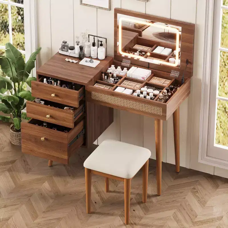 Retro Style Vanity Desk with Stool, Mirror, LED Lights, Flip-Top Tabletop, 3 Drawers & 10 Compartments, Makeup Dressing Table for Bedroom, Walnut