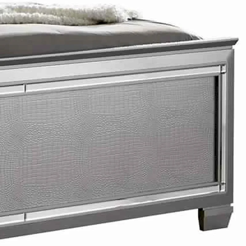 Textured Queen King Size Bed with Silver Trim Accents, Beige
