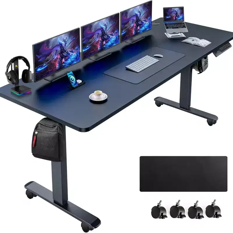 Electric Standing Computer Desk Adjustable Height 63in with Outlet Rolling Wheels Dual-Beam Frame Mouse Pad Spliced Desktop