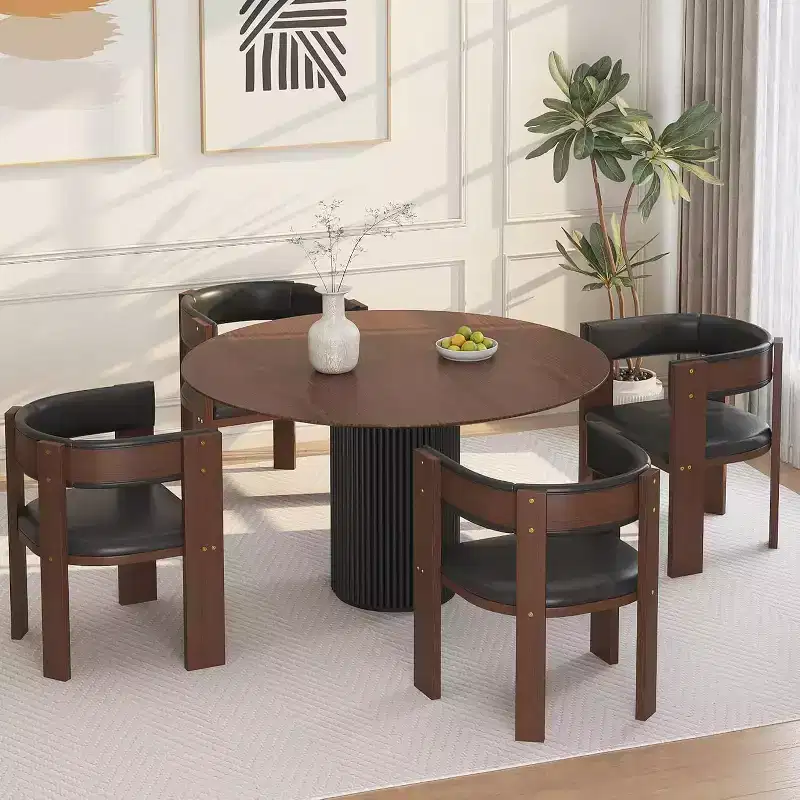 Acekool Set of 4 Mid-Century Chairs - Wide PU Leather Seats w/ Rubberwood Frame, Black Dining Chairs for Home & Office