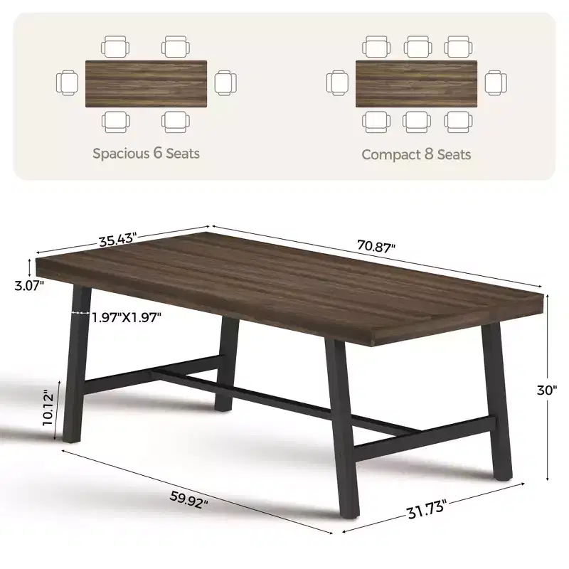 71 Large Dining Table, Farmhouse Dining Table for 8-12, Brown Wood 6-10 Seater w/Adjustable Feet, Kitchen/Dining/Living Room