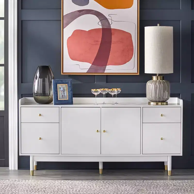 Mid Century Modern Buffet White: Storage, Gold Accents, 4 Drawers, Adjustable Shelf