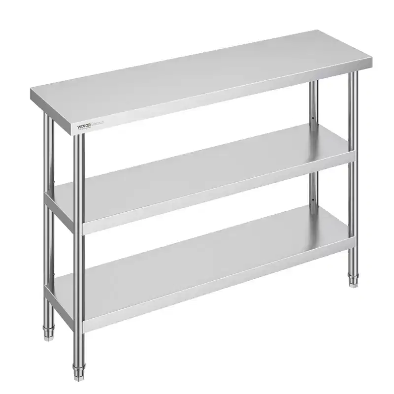 VEVOR Stainless Steel Food Prep Table, 14 x 48 x 34 Inch Commercial Kitchen Worktable, with 2 Adjustable Undershelf, Heavy Duty Prep Table