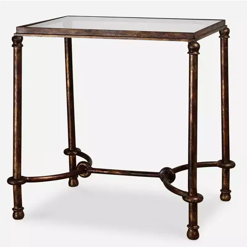 Forged Iron Accent End Table with Tempered Glass Top