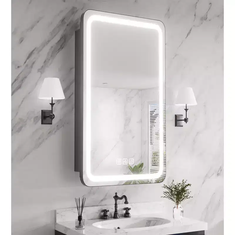 Rectangular Iron Medicine Cabinet with Mirror, Dimmable LED Light, Anti-Fog and Outlets - Fully Assembled