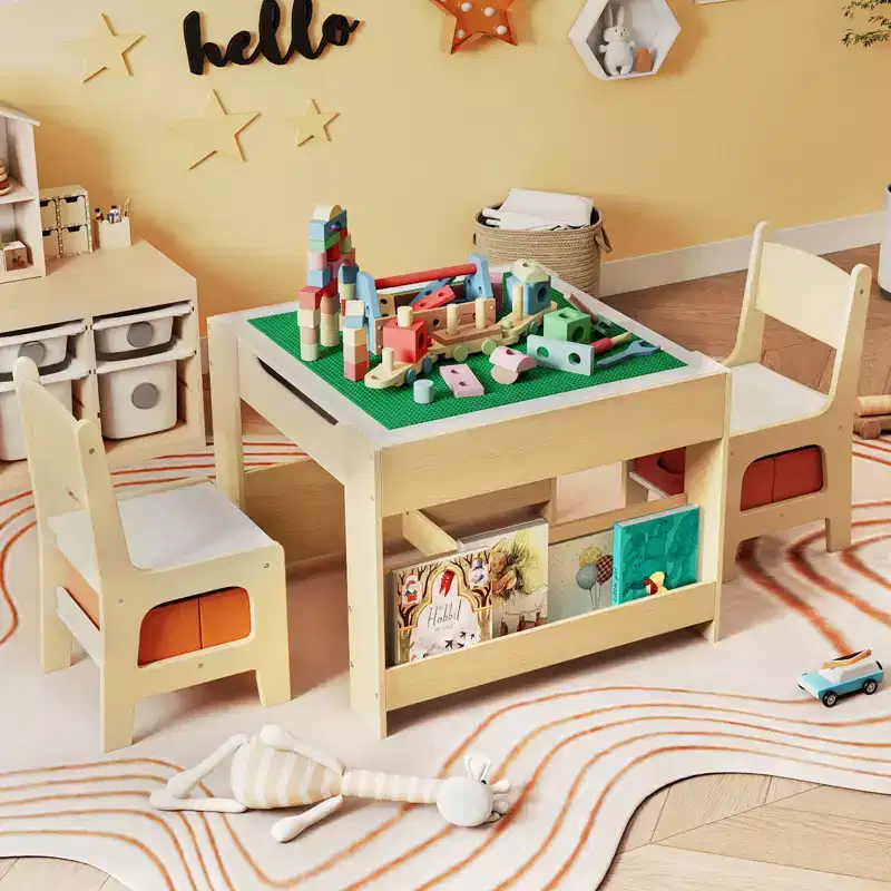 Costway 4 in 1 Kids Table & Chair Set w/Reversible Graffiti & Building Blocks Tabletop