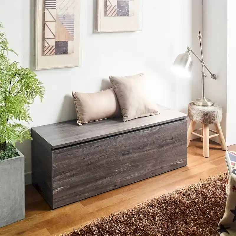 Farmhouse Storage Bench in Rustic Gray – Soft-Close Doors & Deep Drawer