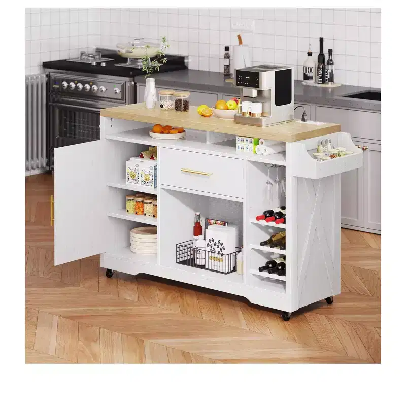 White & Oak Rolling Kitchen Island Cart with Power Outlet, 1-Person Assembly