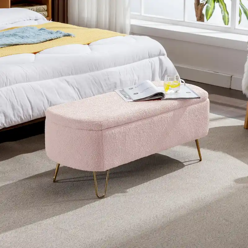 Modern Upholstered Storage Ottoman Bench with Metal Legs