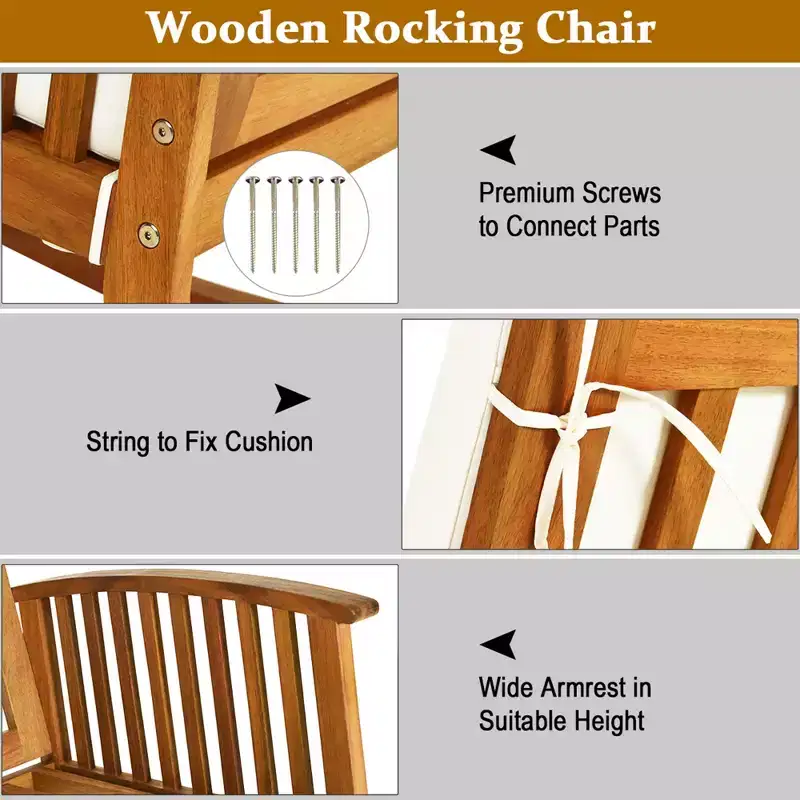 Costway Acacia Wood Rocking Chair Patio Garden Lawn W/ Cushion